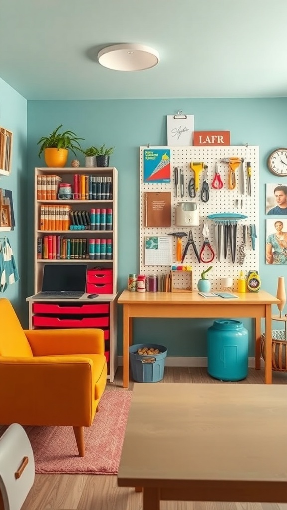 A colorful workspace featuring a pegboard filled with craft supplies, a desk, and a cozy chair.