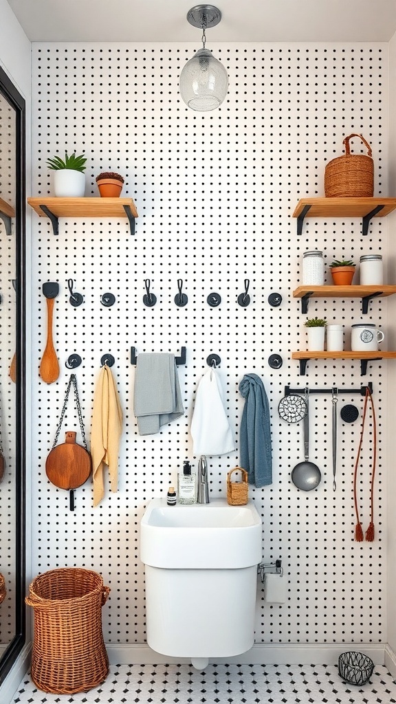 A pegboard in a small bathroom with hooks and shelves for organizing towels, utensils, and decor.