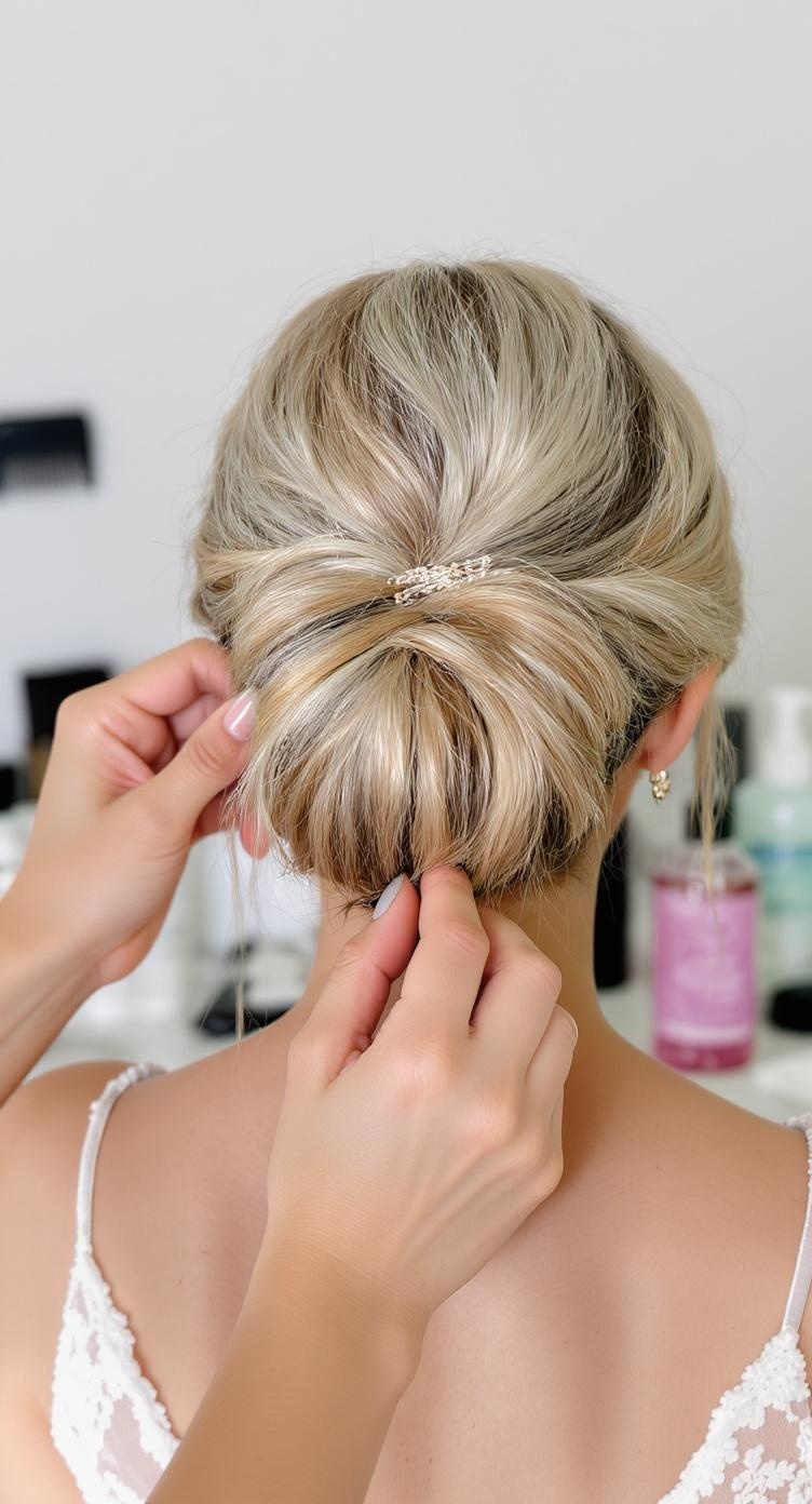 A close-up of a person styling a messy bun hairstyle, showcasing the hands and hair accessories.