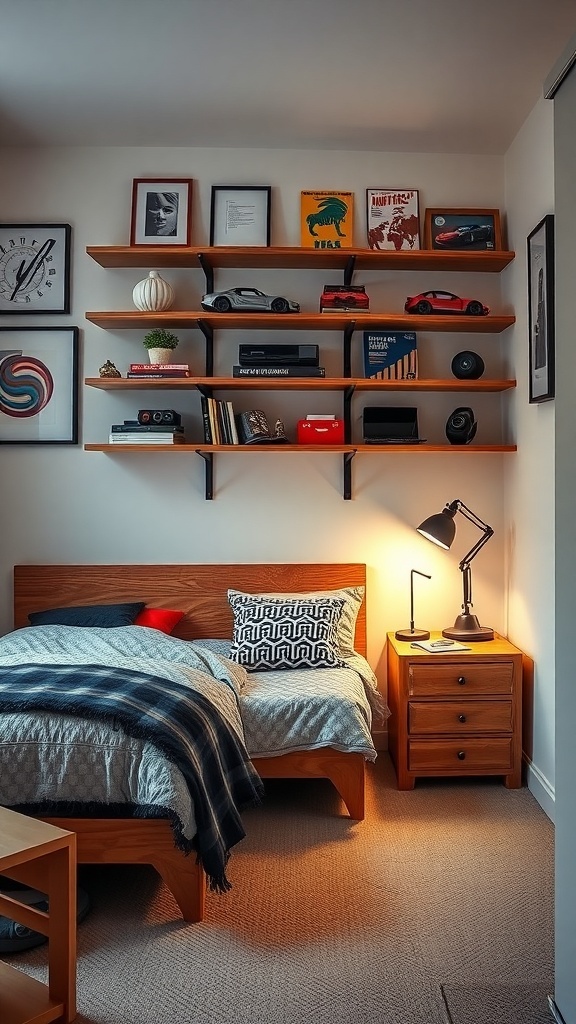 A cozy teen boy bedroom with shelves displaying model cars, books, and wall art.