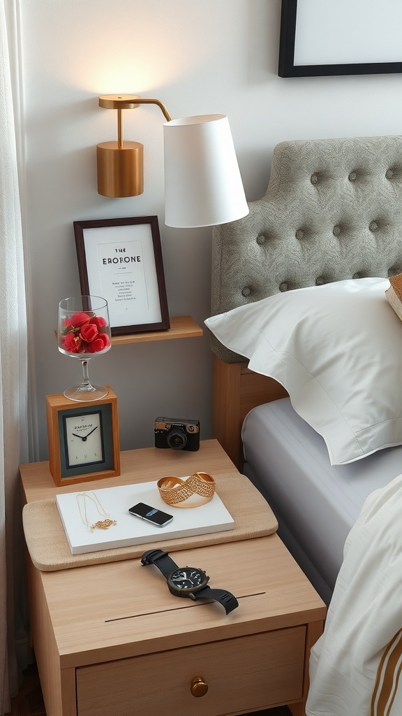 A well-organized nightstand featuring a lamp, framed picture, glass with strawberries, clock, camera, jewelry, phone, and watch.