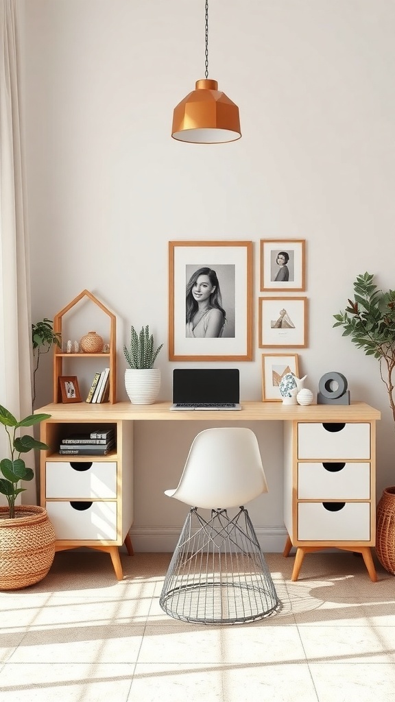 A cozy desk setup featuring personal photos and plants.