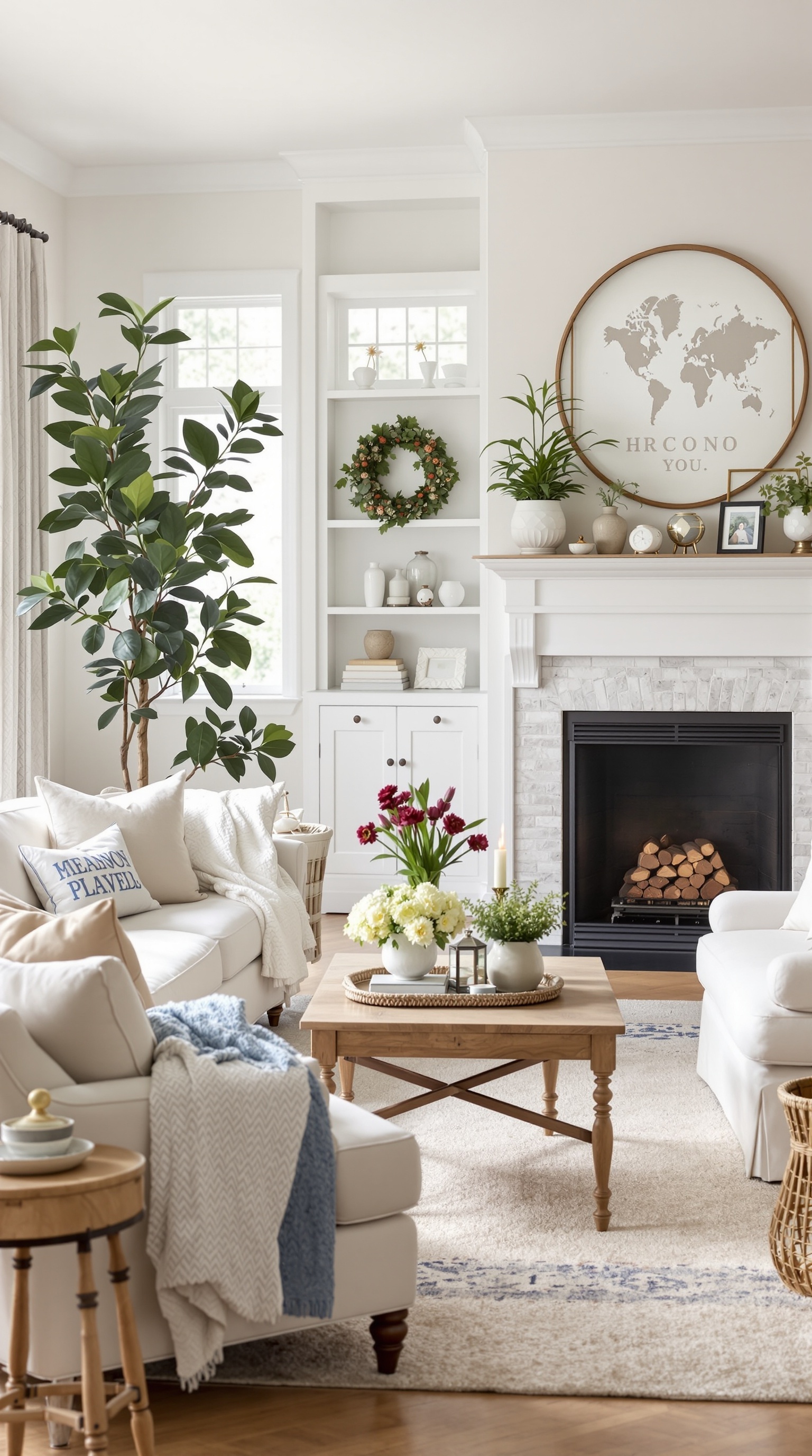 A cozy French country family room featuring a soft color palette, floral arrangements, family photos, and a warm atmosphere.