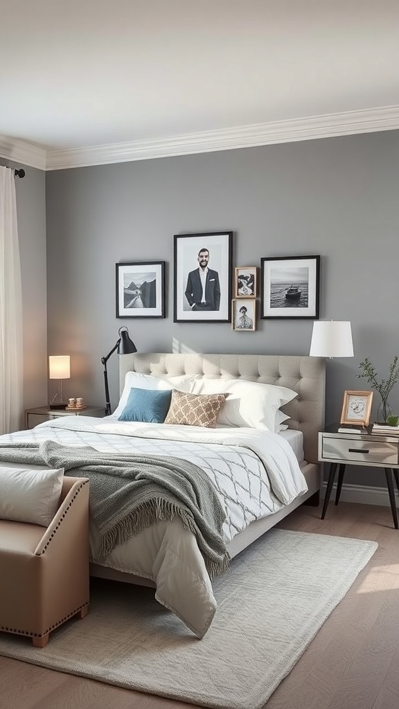 A stylish grey bedroom featuring a bed with white linens, a grey throw, framed photos on the wall, and modern furniture.