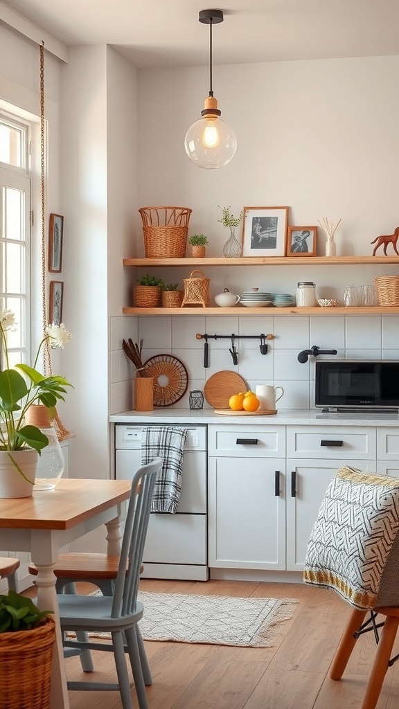 A small apartment kitchen with white cabinets, wooden shelves, plants, and a cozy dining area.