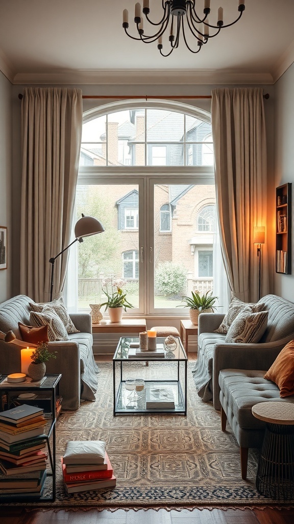 Cozy living room with elegant decor, featuring plants, candles, and books.