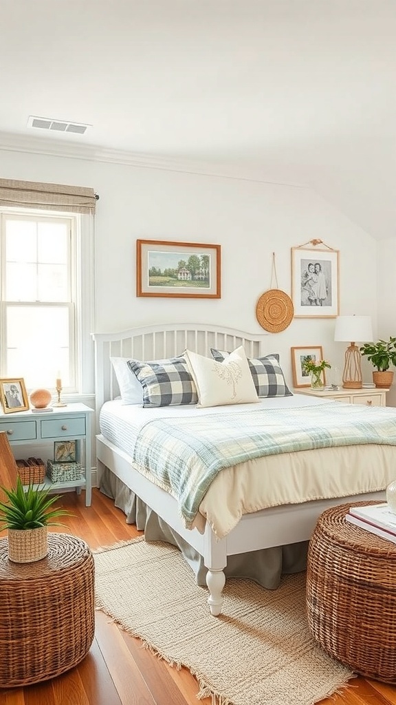 Cozy cottage bedroom with personal touches of artwork and photos