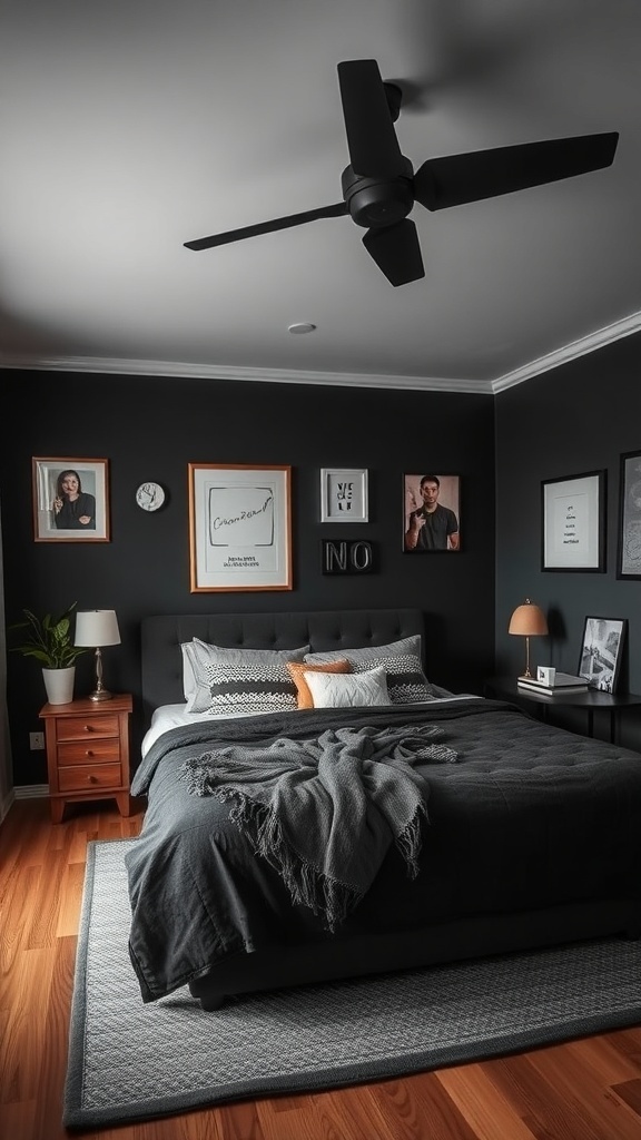 A stylish black bedroom featuring dark walls, framed photos, layered bedding, and warm lighting.