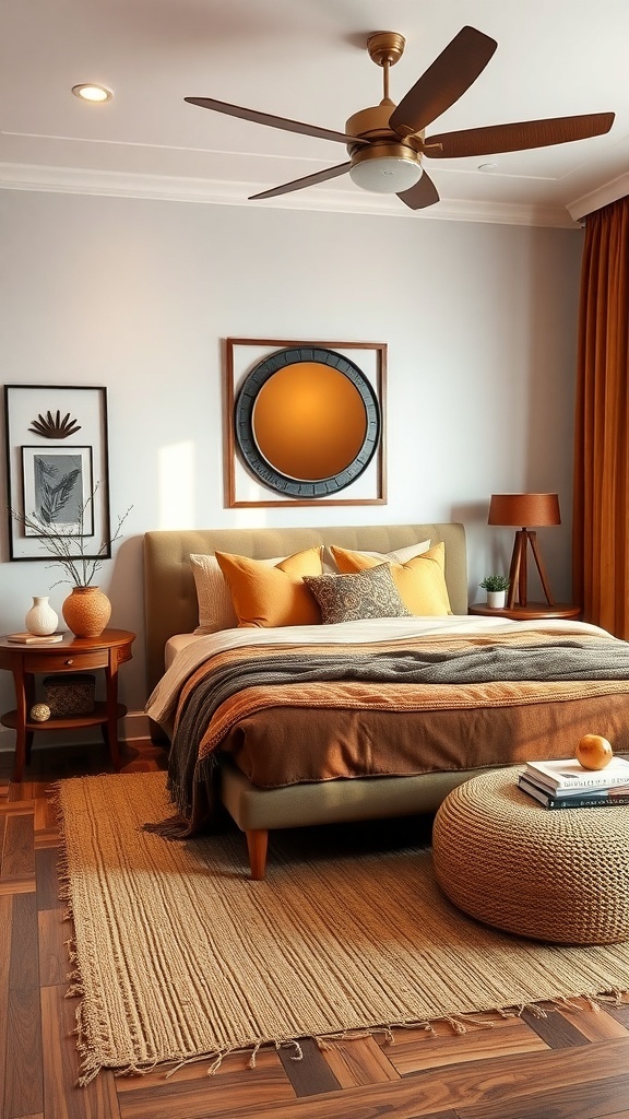 A cozy brown-themed bedroom with a stylish bed, round mirror, and warm accessories.