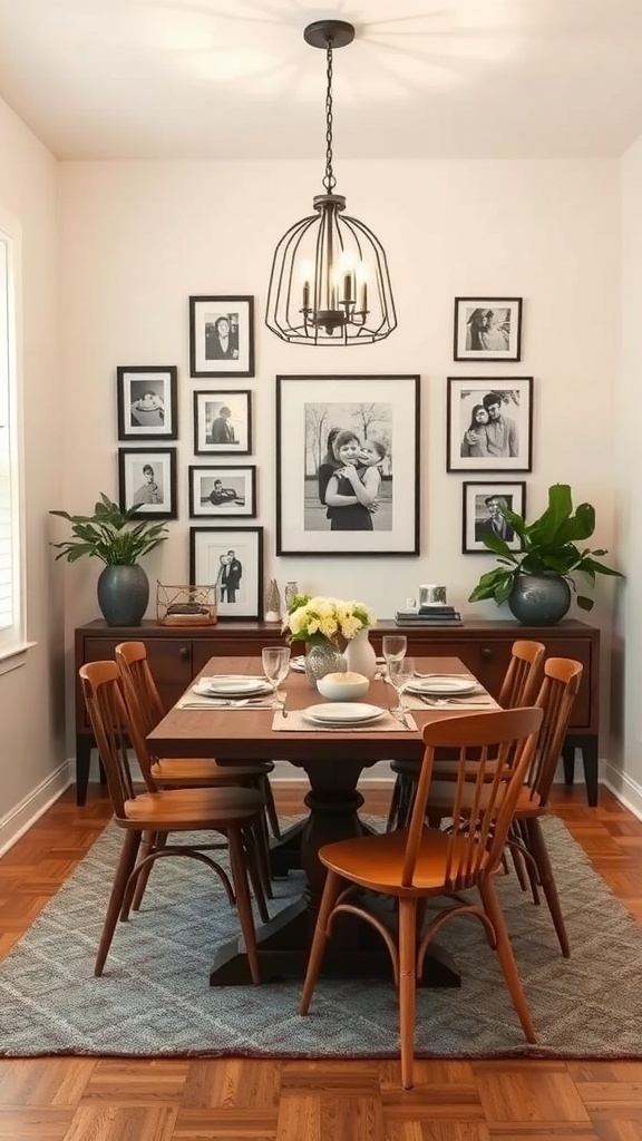 A small dining room featuring a table with chairs, surrounded by family photos on the wall and plants for decoration.