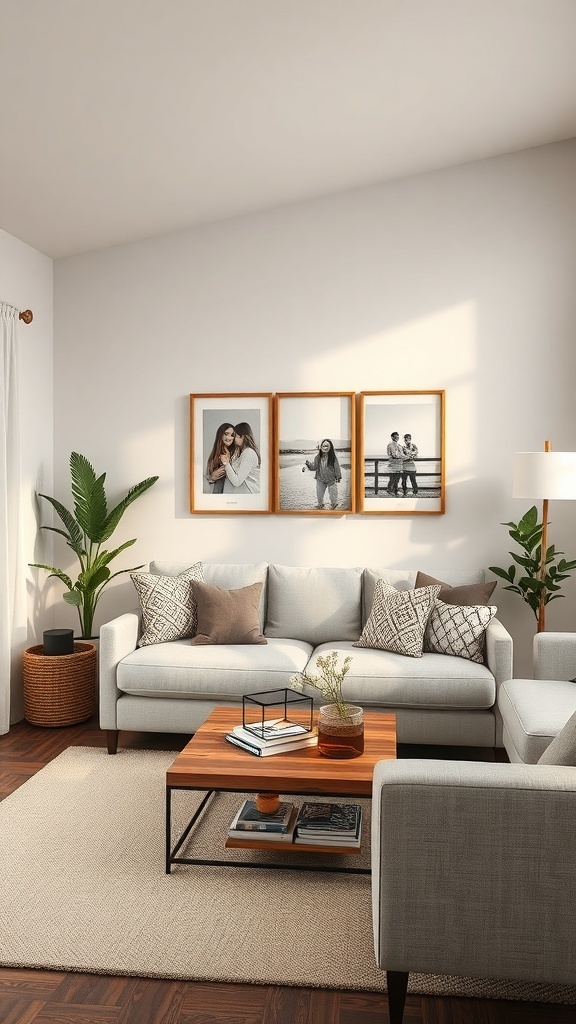 Cozy cottage living room with family photos on the wall and comfortable seating