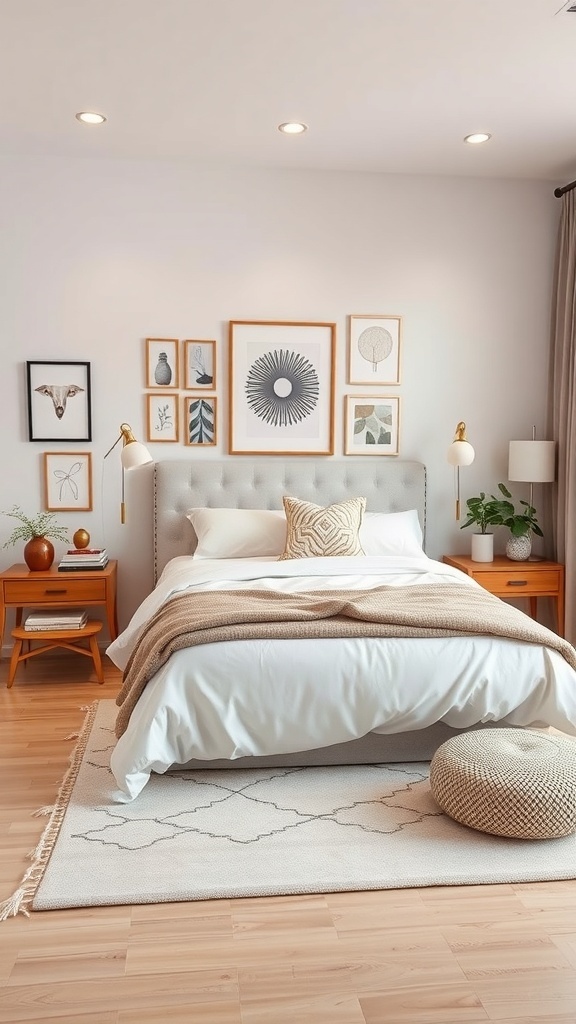 A neutral bedroom featuring a bed with white bedding, wooden furniture, and framed artwork on the wall.