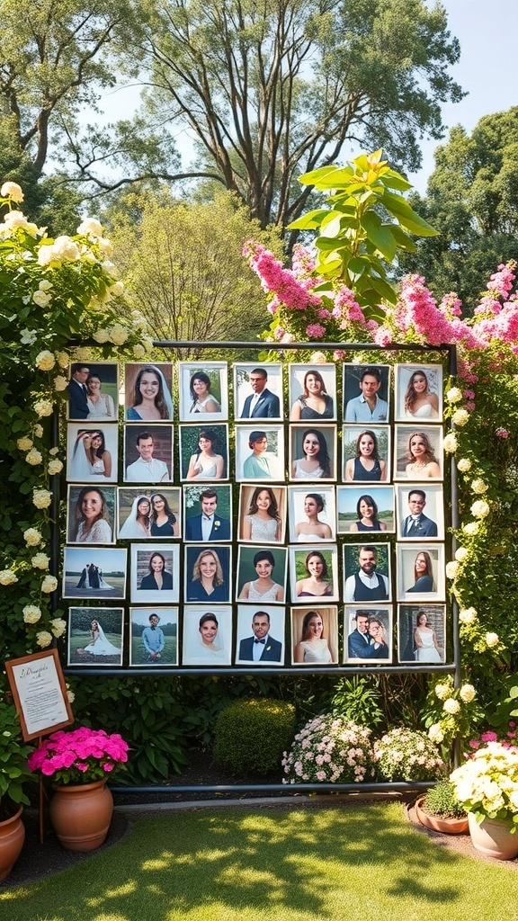 Photo board display at a garden party bridal shower featuring various couples and individuals framed among beautiful flowers.