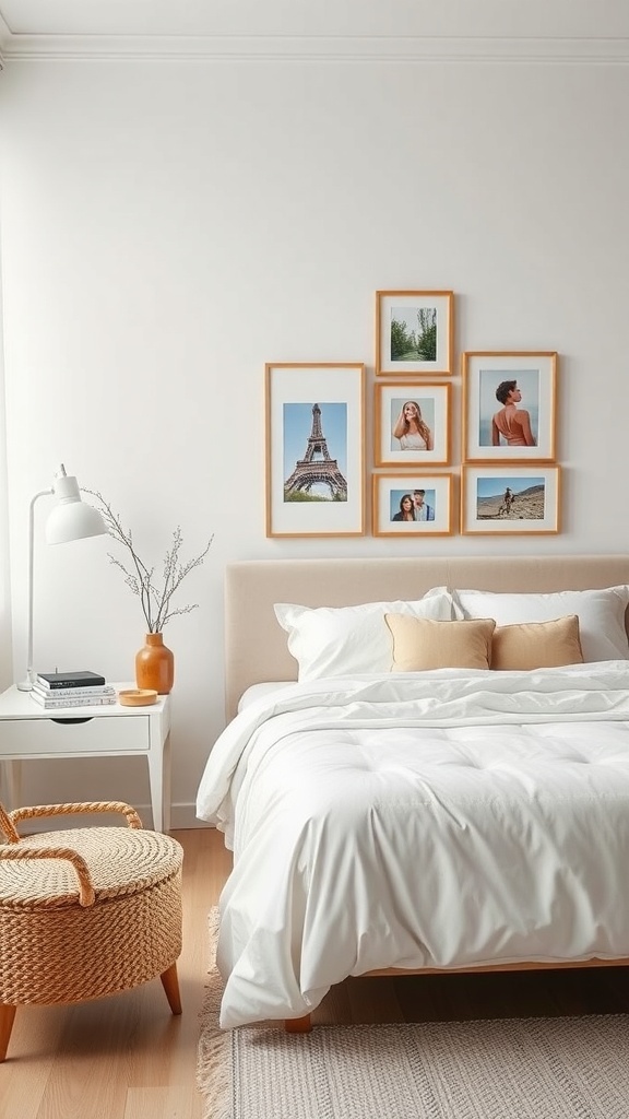 A minimalist bedroom featuring a cozy bed with white bedding, a gallery wall of framed photos, a simple vase, and a woven chair.