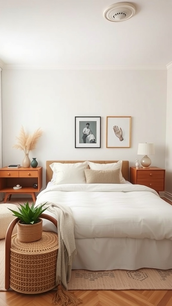 A minimalist bedroom featuring a cozy bed, art on the walls, and natural elements like plants.