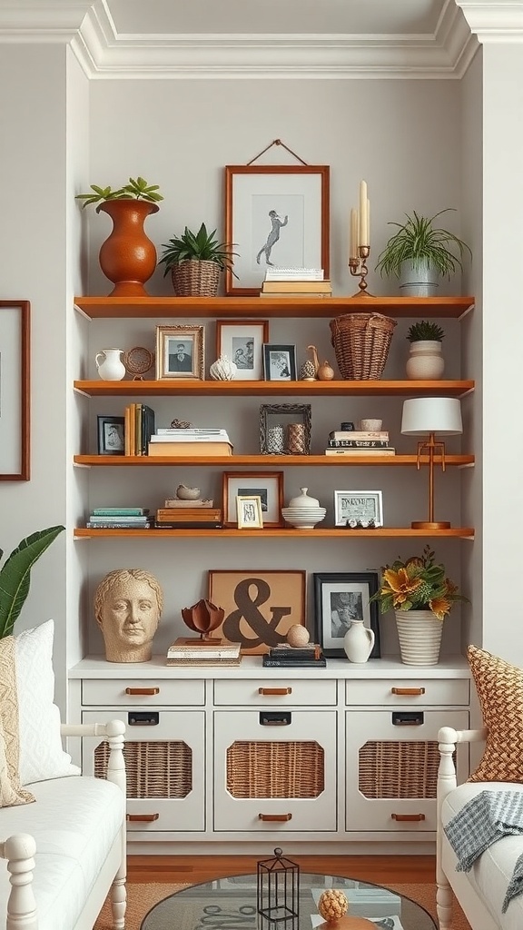 A cozy living space featuring a shelf filled with personalized accessories, plants, and decorative items.