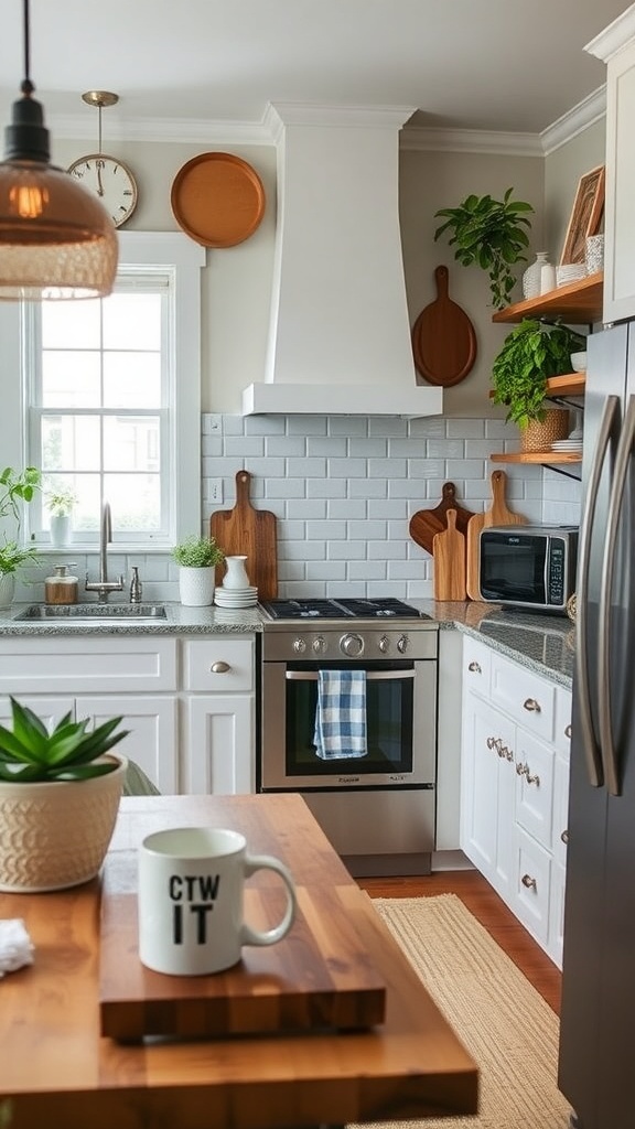 A cozy kitchen with wooden cutting boards, plants, and a coffee mug on the table.
