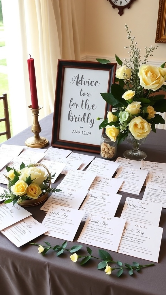 A table displaying personalized advice cards for a bridal shower, featuring beautiful flowers and a decorative sign.