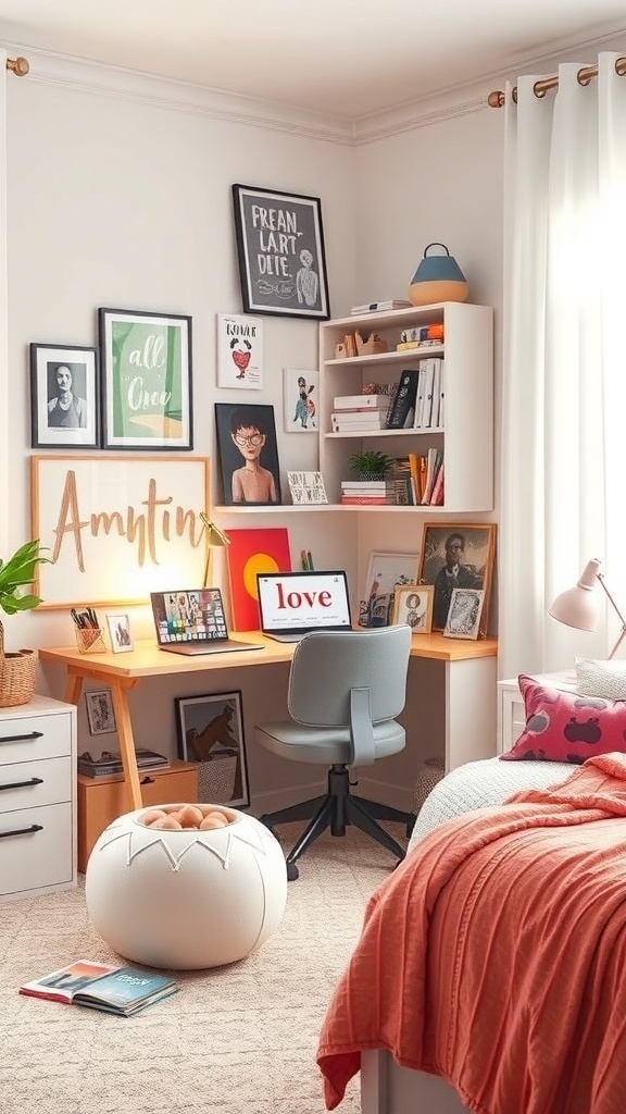 A cozy teen bedroom featuring a personalized art and crafts corner with framed art, a desk, and a round pouf.