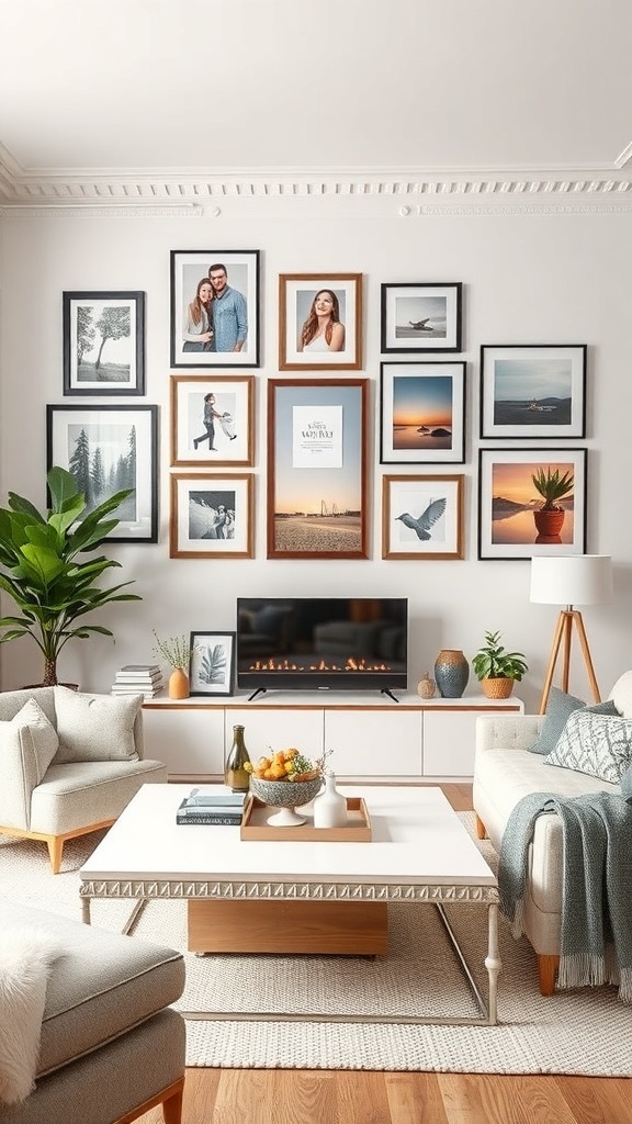 A cozy living room with a wall of personalized art displays, including framed photos and prints, surrounded by plants and comfortable furniture.