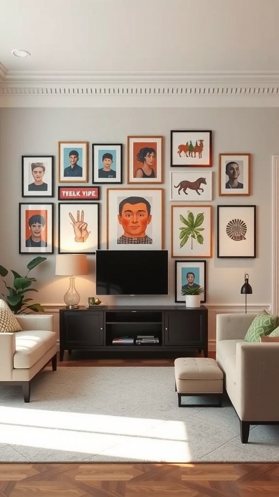 A stylish living room with a gallery wall of personalized art displays, featuring various framed portraits and designs.