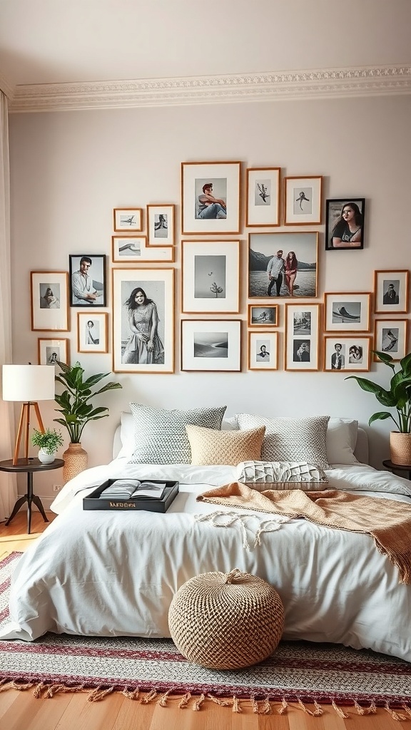 A boho teen bedroom featuring a wall of framed photographs, plants, and cozy textiles.