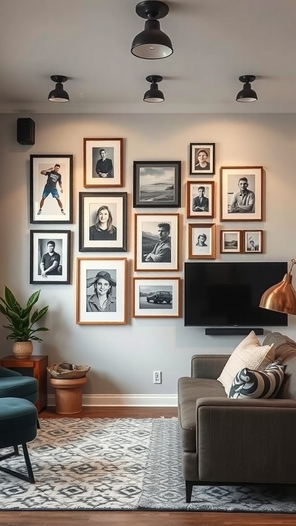 A cozy man cave featuring a wall of framed photographs, a comfortable sofa, and stylish decor.