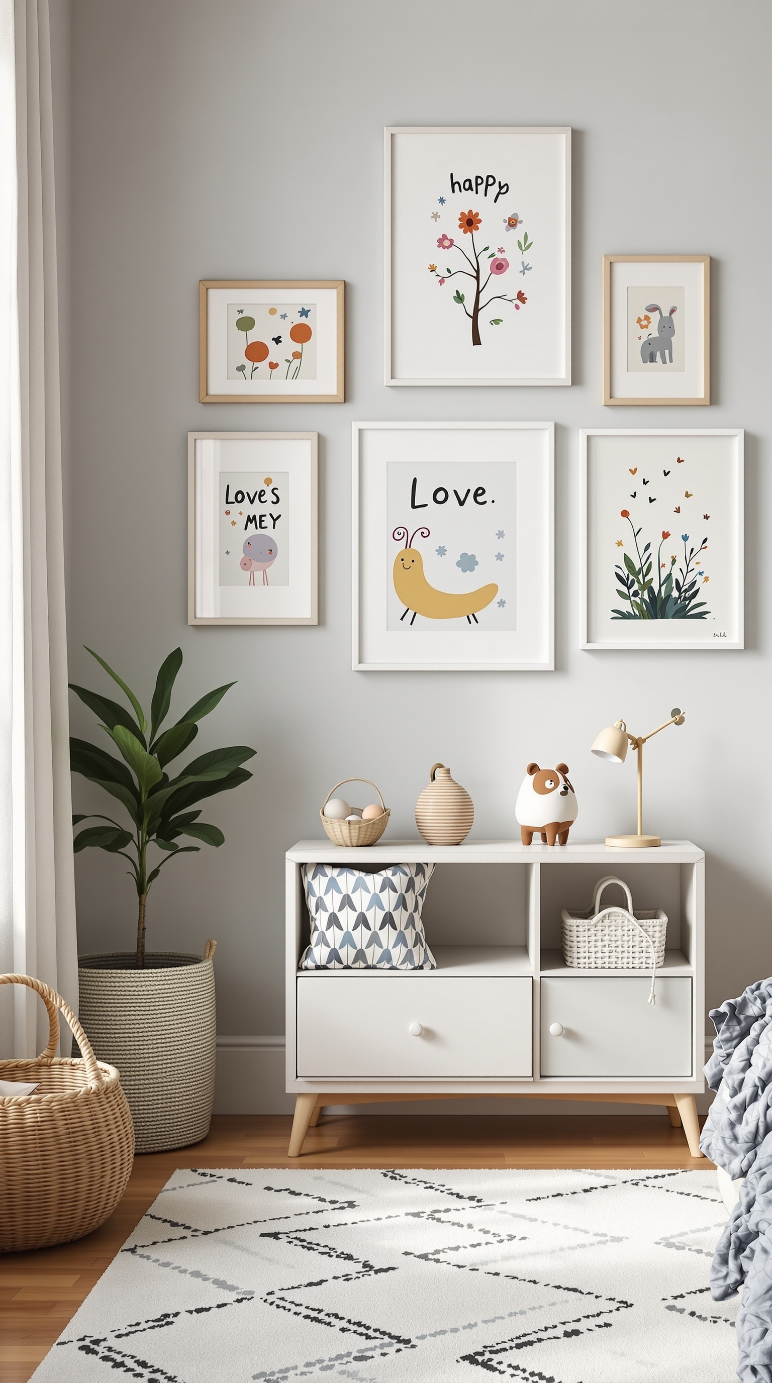A kids' room with personalized artwork displays featuring colorful framed prints and a cozy decor.