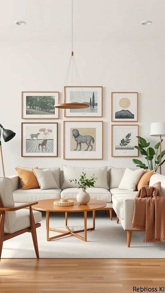 Cozy mid-century modern living room with personalized artwork displays