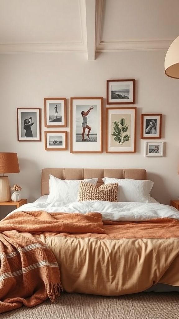 A warm bedroom featuring personalized artwork displays on the wall, with cozy bedding and decor.