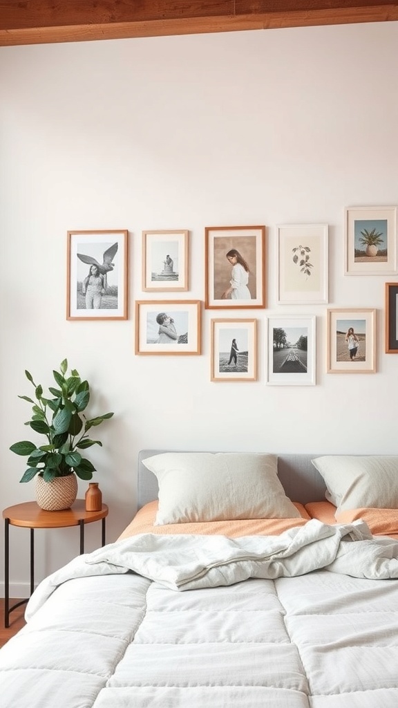 A warm bedroom featuring a wall display of personalized artwork and a cozy bed with soft pillows.