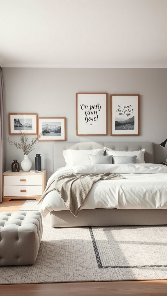 A stylish grey and white bedroom featuring personalized artwork displays on the wall.