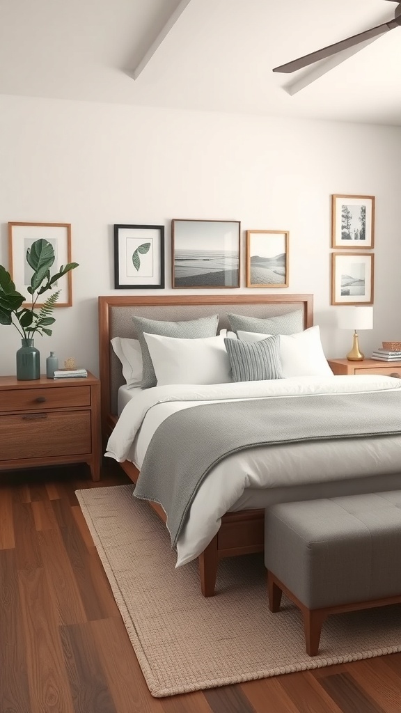 A modern farmhouse bedroom featuring a wooden bed, gray bedding, and personalized artwork on the wall.