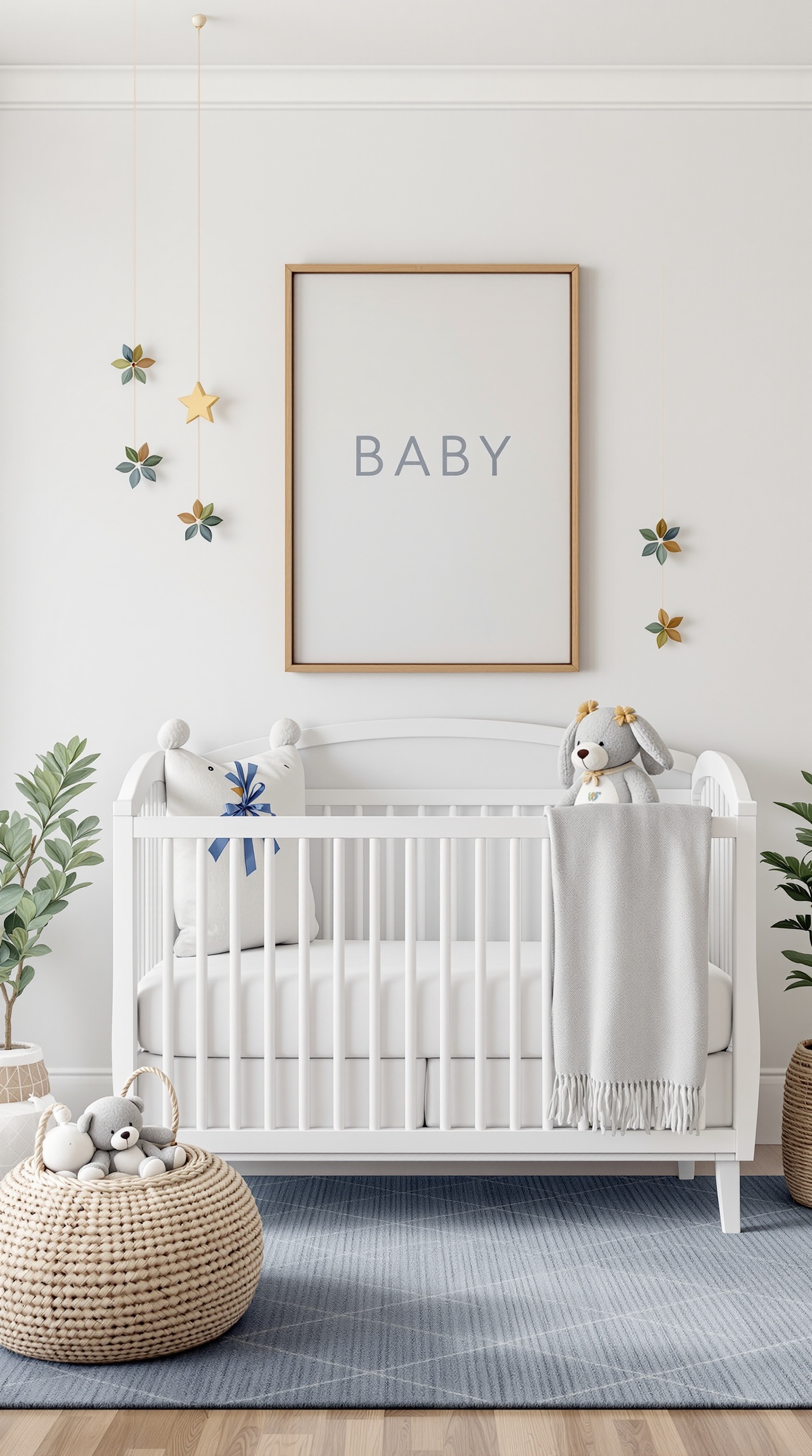 A cozy unisex baby room featuring a crib, decorative items, and a framed artwork that says 'BABY'.