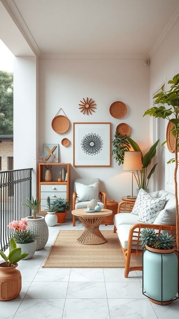 A cozy balcony featuring personalized artwork, plants, and comfortable seating.