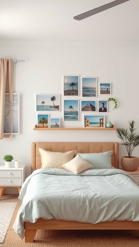 A cozy teen bedroom featuring a beach photo gallery on the wall, with a light blue bedspread and decorative pillows.