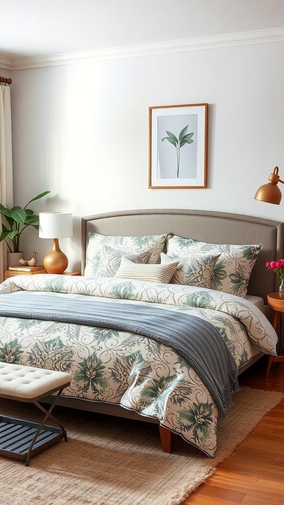 A cozy bedroom featuring nature-inspired bedding with greens and intricate patterns, layered with a textured throw and various pillows.