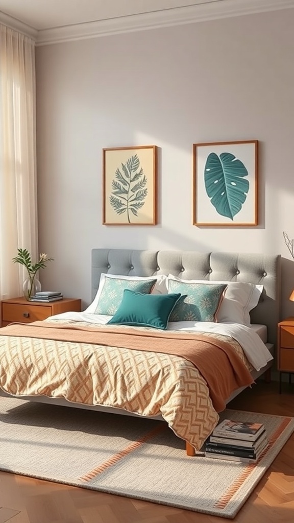 A cozy bedroom featuring a bed with personalized bedding, decorative pillows, and framed botanical artwork on the walls.