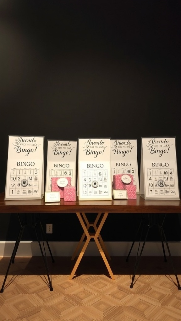 A display of personalized bingo prizes for a bridal shower, featuring bingo cards and decorative items.