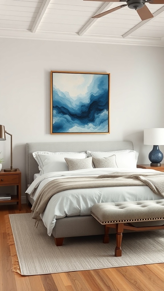 A cozy blue and cream bedroom featuring an abstract blue artwork above the bed.