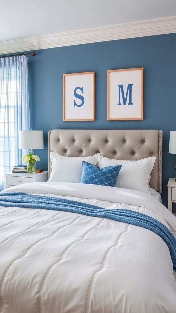 A blue and white bedroom featuring a blue wall, white bedding, and personalized decor.