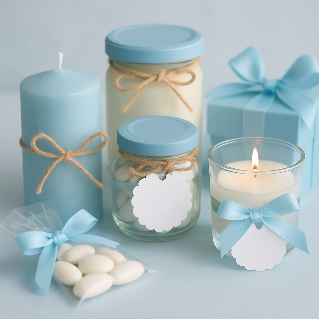 Personalized blue party favors including candles, jars, and candies