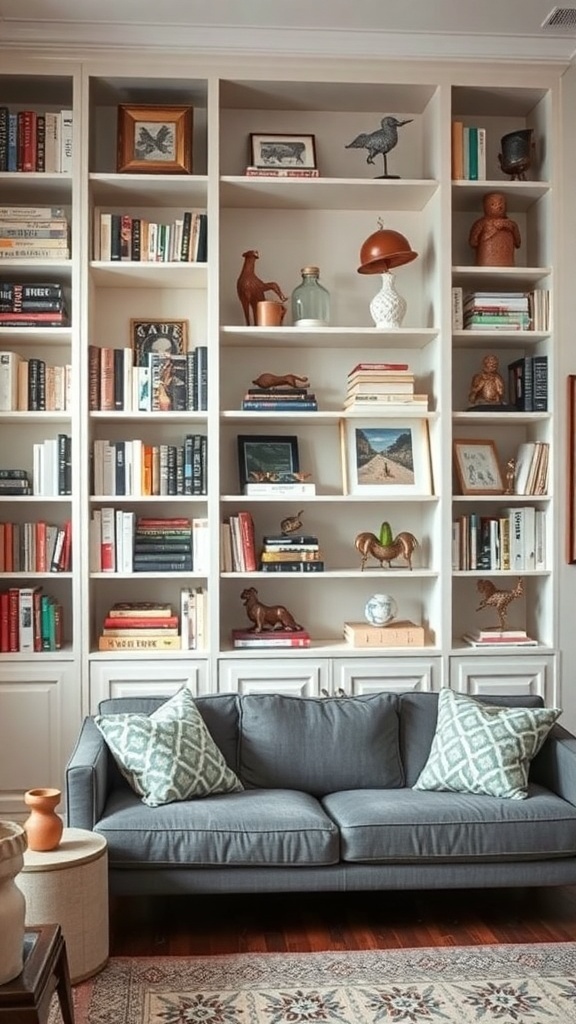 A cozy reading room with personalized bookshelves filled with books and decorative items, featuring a comfortable gray sofa with patterned cushions.