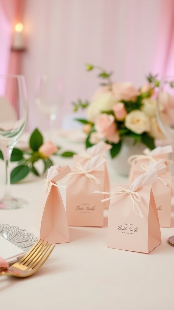 Personalized pink bridal shower favor boxes on a table with elegant decor