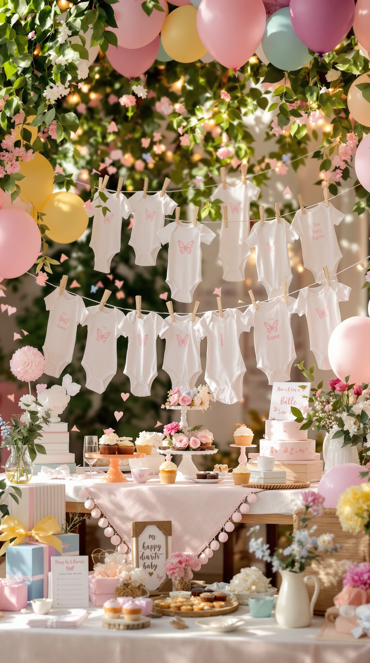 A display of personalized butterfly onesies hanging with balloons and floral decorations at a baby shower.