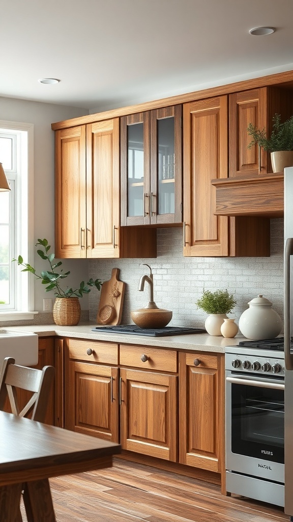 A rustic kitchen with wooden cabinets, featuring a mix of closed and glass-front designs, warm tones, and simple hardware.