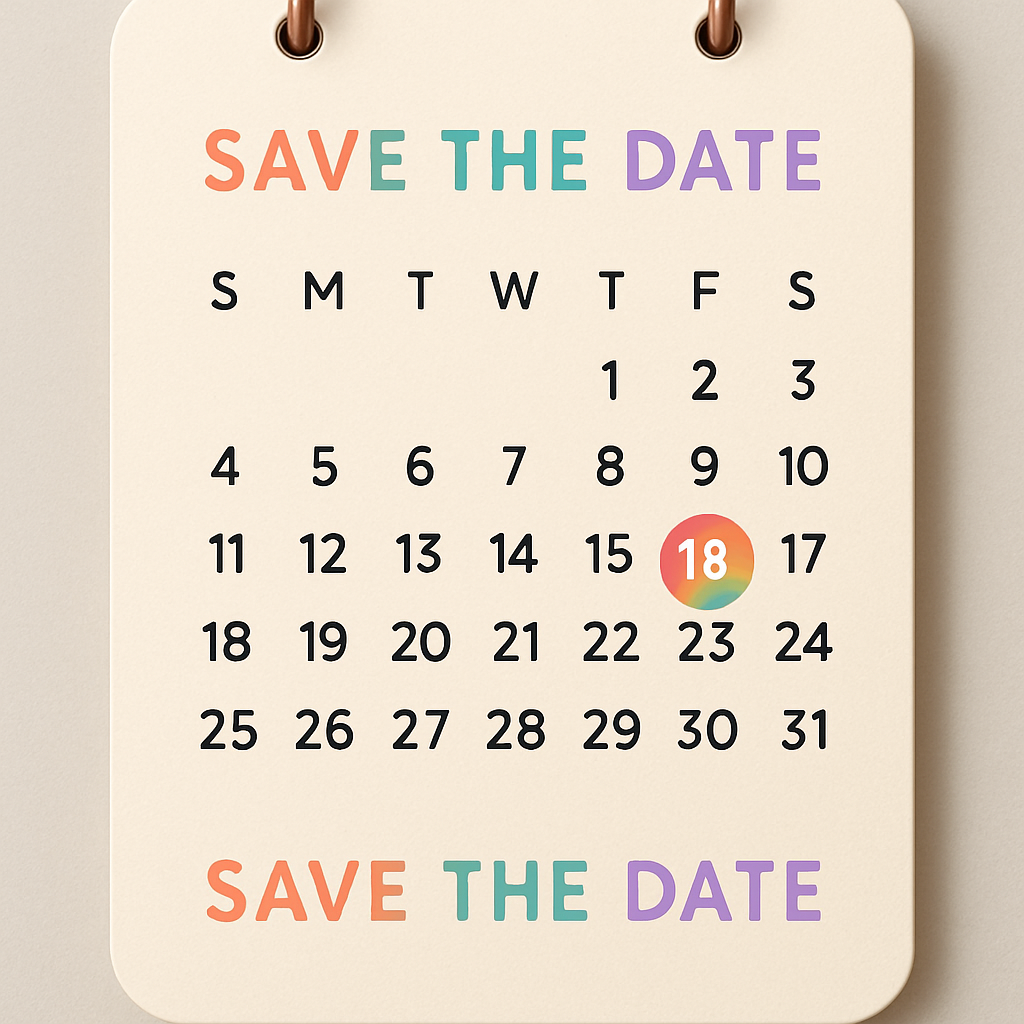 A personalized calendar card featuring 'SAVE THE DATE' with a highlighted date.