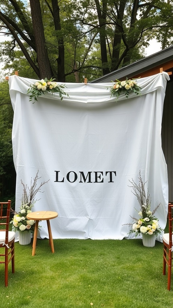 A personalized ceremony backdrop with white fabric, flowers, and a small table set in a backyard.
