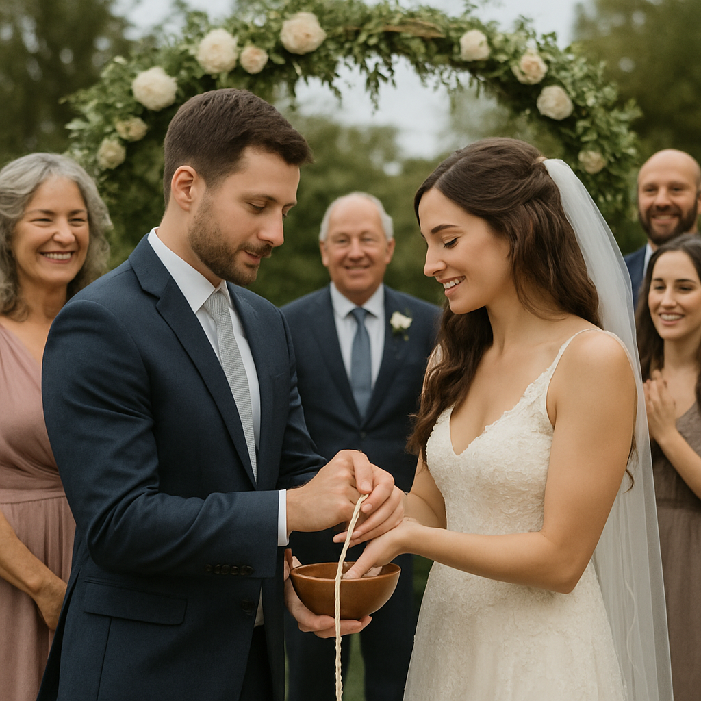 A couple performing a handfasting ceremony during their wedding, surrounded by family and friends.