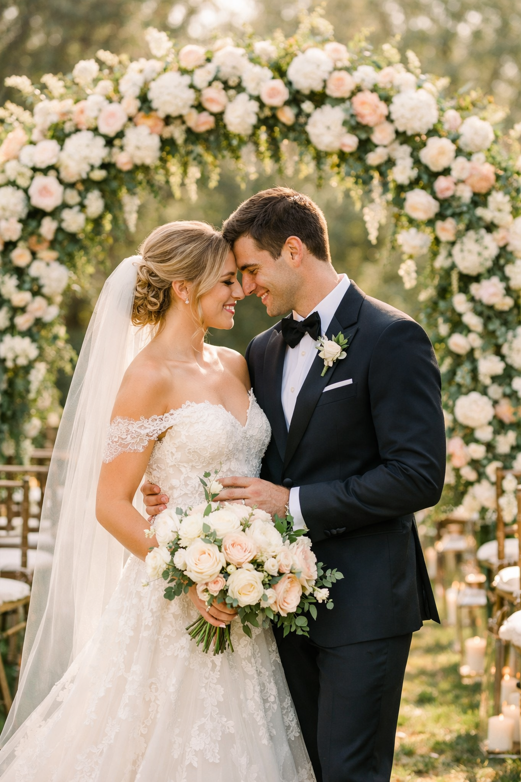 Couple under a floral arch at their backyard wedding ceremony